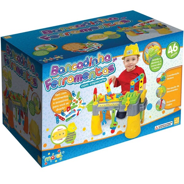 BANCADINHA DE FERRAMENTAS BRINQUEDO INFANTIL COM CAPACETE